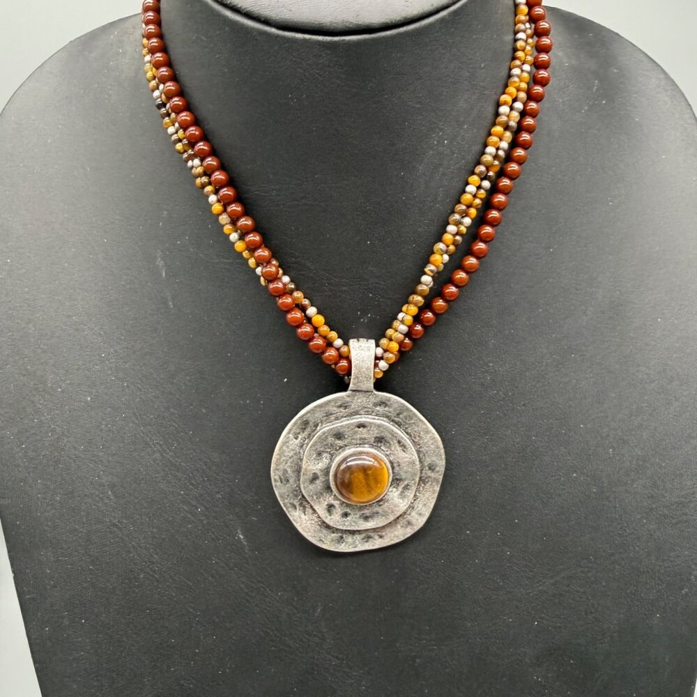 Premier Designs Multicolor Beaded Necklace With Silver Pendant & Tigers Eye Ston